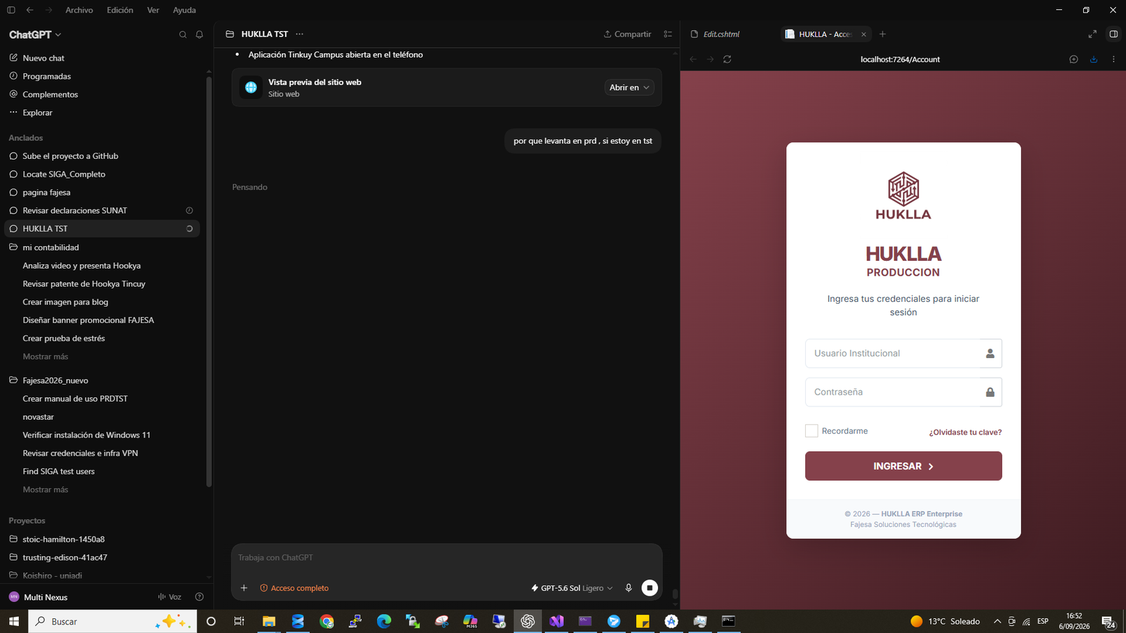 Pantalla de ingreso a HUKLLA: logotipo, usuario institucional, contraseña y botón Ingresar