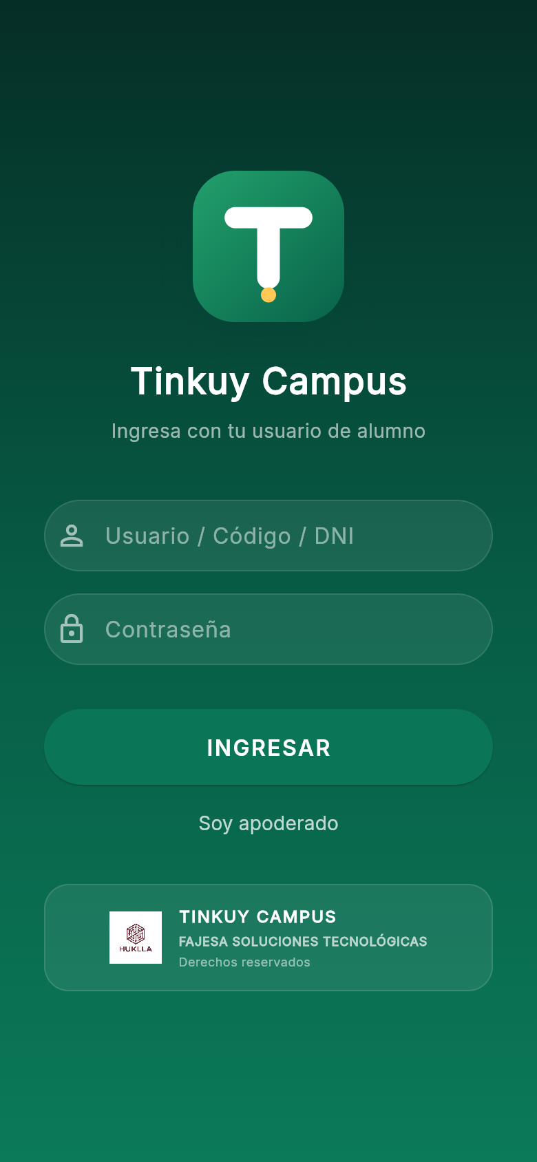 Pantalla existente de acceso a Tinkuy Campus, con ingreso de alumno y opción de apoderado
